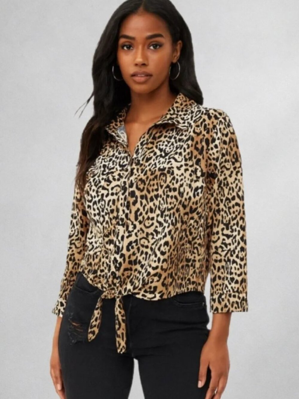 Chico's No-Iron Leopard Print Tie Front Blouse Size 1 (8)